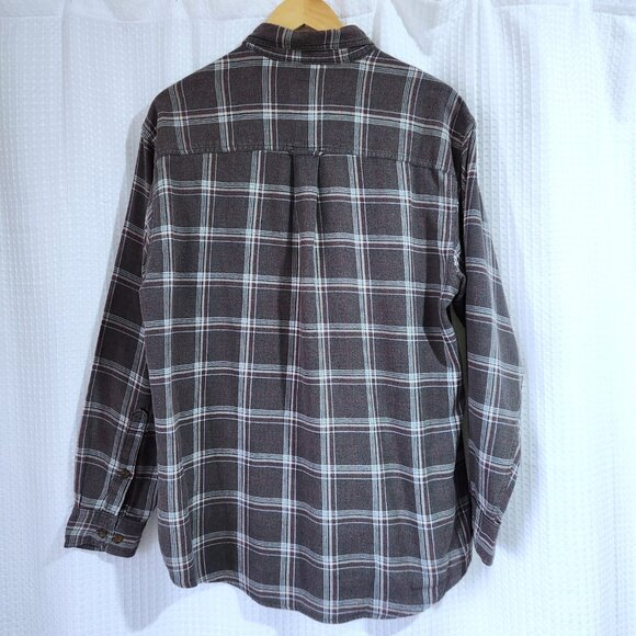 Woolrich Flannel Plaid Men's Med Grey Black & Red Long Sleeve Shirt Vintage - Picture 2 of 8